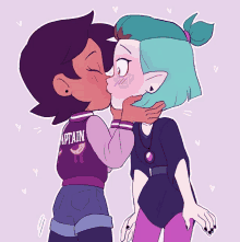 a cartoon of two girls kissing with one wearing a jacket that says aptain