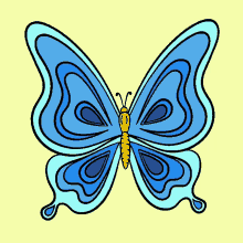 a drawing of a blue butterfly with a yellow antenna on a yellow background