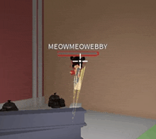 a cartoon character is standing in a room with the name meowmeowebby on the wall .