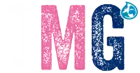 a pink and blue mg logo with a drop of water