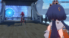 a screenshot of a video game shows a woman standing in front of a portal