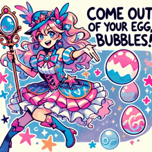 a cartoon of a girl with bubbles and the words come out of your eggs bubbles on the bottom