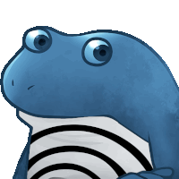 a blue frog with big eyes and a black and white striped belly