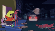a cartoon shows a car driving down a street with a pizza bag on the ground