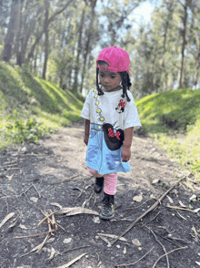 a little girl wearing a minnie mouse shirt and a pink hat walks down a dirt path