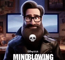 a cartoon man with a beard and glasses is wearing a leather jacket and a skull in his beard .