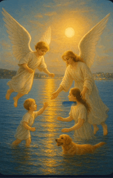 a painting of three angels reaching out to a child and a dog in the water