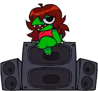 a cartoon character is sitting on top of a speaker stack