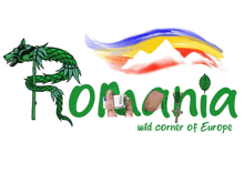 a logo for romania with a dragon and mountains in the background