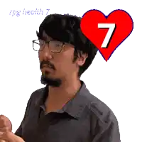 a man with glasses and a heart with the number 7
