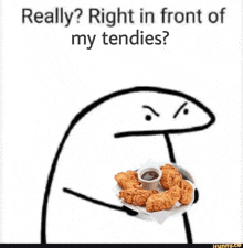 a cartoon character is holding a plate of chicken tenders with sauce on it .