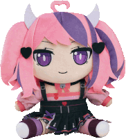 a stuffed doll with pink and purple hair has horns and a heart on her head