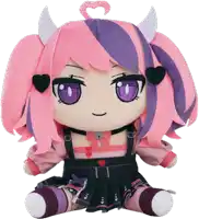 a stuffed doll with pink and purple hair has horns and a heart on her head