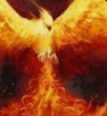 a painting of a phoenix surrounded by flames on a dark background .