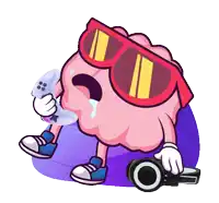 a cartoon drawing of a brain wearing sunglasses and holding a controller