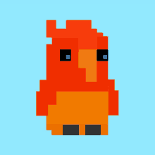 a pixel art of an orange bird with blue eyes and a red crest