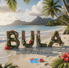 a beach scene with the word bula written in flowers