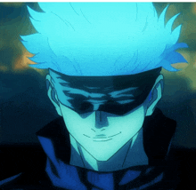 a blue haired anime character with sunglasses on