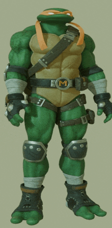 a teenage mutant ninja turtle wearing a belt with the letter m on it