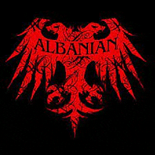 a red eagle on a black background with the word albanian on it .