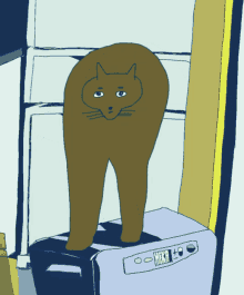 a drawing of a cat standing on top of a washing machine that says meka