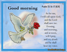 a picture of a dove holding a red rose with the words good morning on it