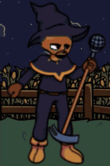 a scarecrow holding a microphone and a hammer in front of a fence