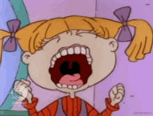 a cartoon girl is screaming with her mouth wide open and her fist in the air .