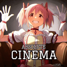 a poster for absolute cinema shows a pink haired anime girl