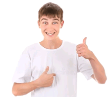 a young man in a white t-shirt is pointing at himself and giving a thumbs up .