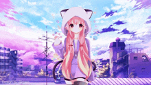 a girl with long pink hair wearing a cat hood and a cat tail