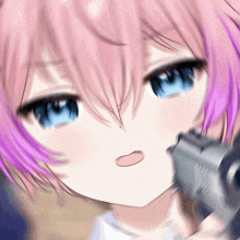 a girl with pink hair and blue eyes is holding a gun in her mouth