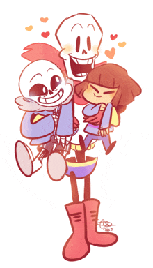 a drawing of sans papyrus and frisk with hearts around them