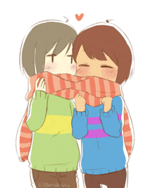 a drawing of a girl kissing another girl on the cheek with a heart above their heads