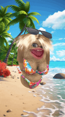 a cartoon character is wearing a bikini and sunglasses on a beach