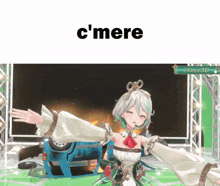 a picture of a girl with the word c ' mere written above her