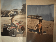 a boy sitting on a four wheeler and a boy sitting on a surfboard