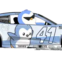 a cartoon penguin is driving a car with the number 41 on the side