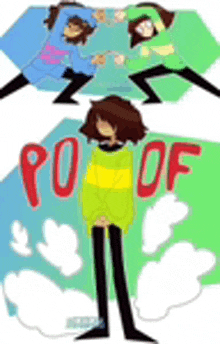 a cartoon of a person standing in front of a cloudy sky with the words `` proof '' written on it .