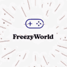 a logo for freezy world with a game controller on it .