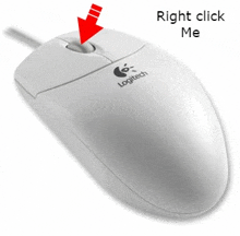 a white logitech computer mouse with a red arrow pointing to the right click button