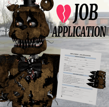 a nightmare foxy holding a job application with a broken heart in the background