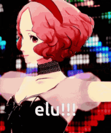 a girl with pink hair and a choker says elu