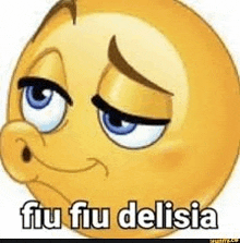 a cartoon smiley face with a sad look on its face and the words `` fiu fiu delisia '' written on it .