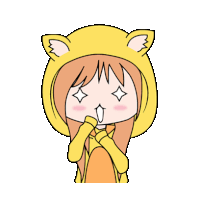 a cartoon girl wearing a yellow hoodie with cat ears .