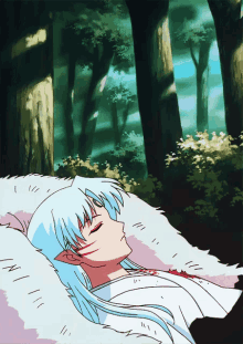 a cartoon character is sleeping in a forest