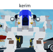 a white robot with a blue door and the word kerim above it