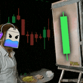 a man with a bucket on his head looks at a painting of a green candle