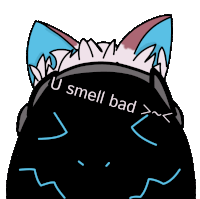 a drawing of a cat with the words " u smell bad " written on it