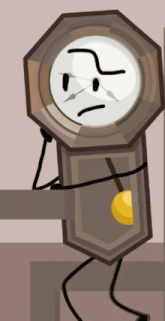 a cartoon clock with a stick figure behind it and a yellow pendulum